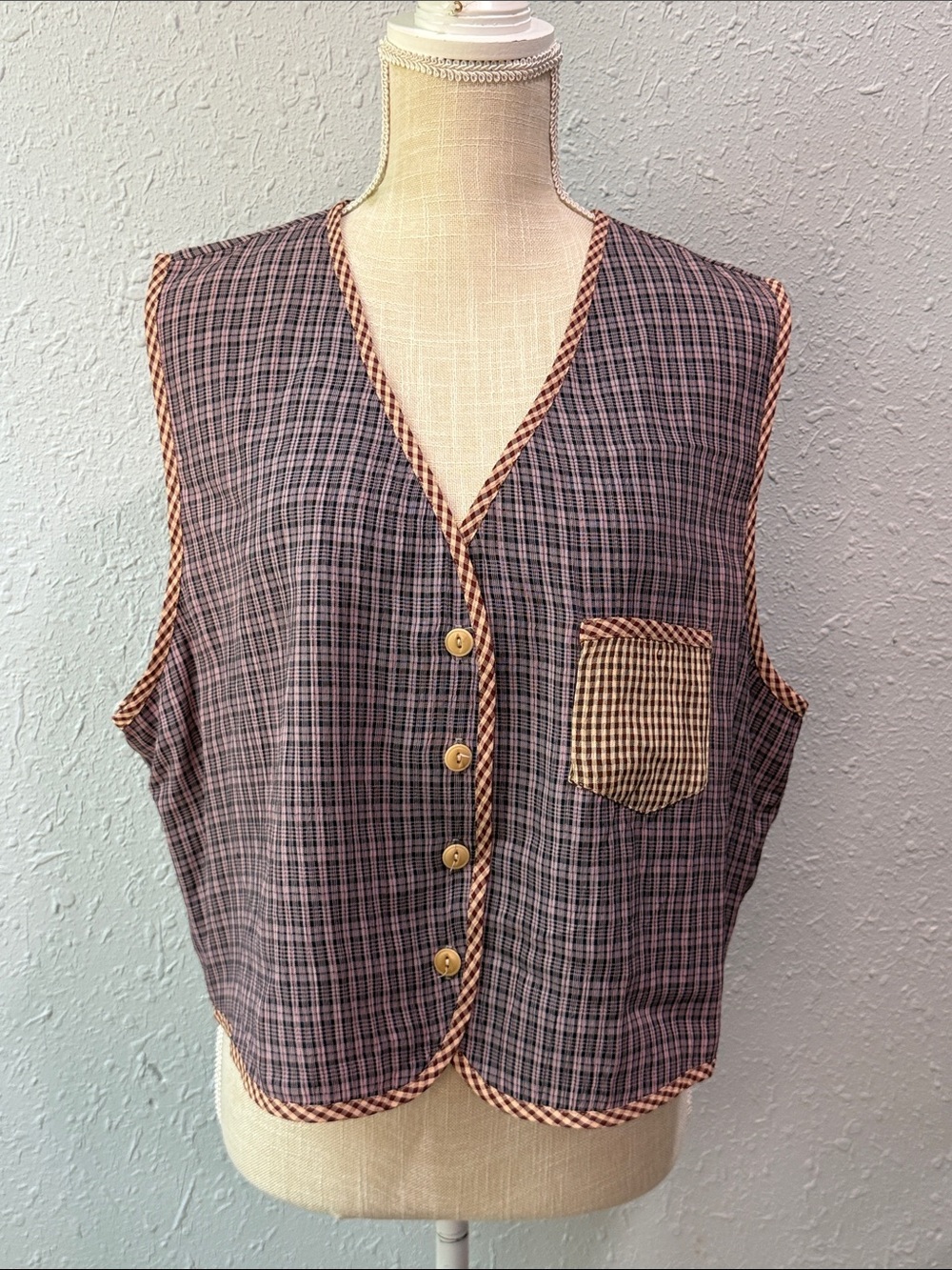 Karen Kane Purple Plaid Button-Front Vest Size XL Vintage